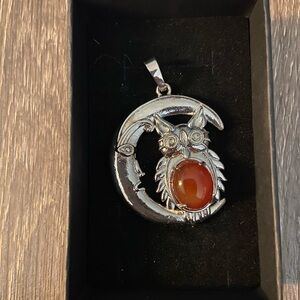 Silver Owl Pendant with Red Carnelian Agate Gemstone